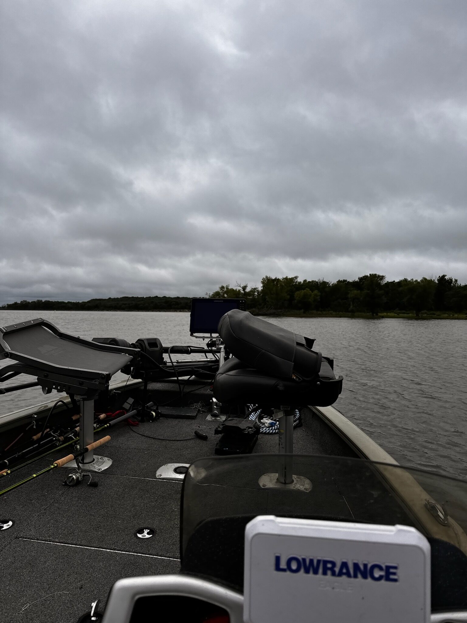 Kevin's guide boat on Oologah Lake, rigged with rods and Lowrance live sonar